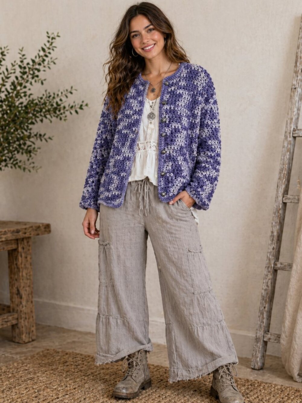 Hand Knit Crochet Cardigan L Purple Boho Grandmacore Chunky‎ Knit Cozy Sweater